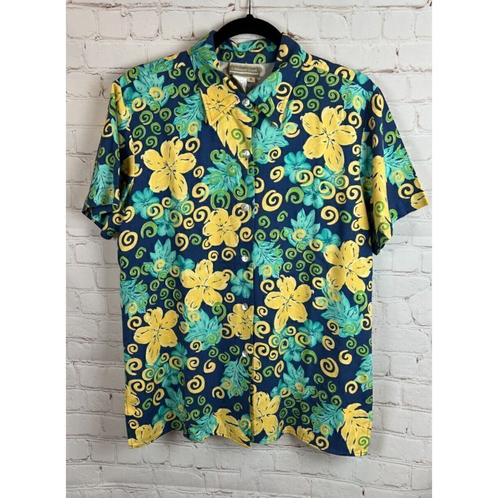 COLDWATER CREEK twill floral Hawaii rayon button down short sleeve top shirt S